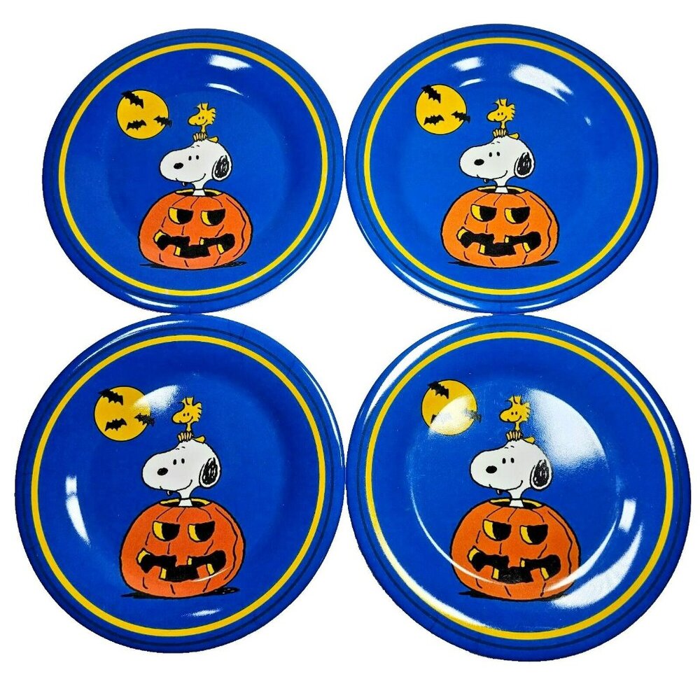 Set of 4 Vintage Gibson Peanuts Snoopy Halloween Dessert Side Plates 7.75" Blue